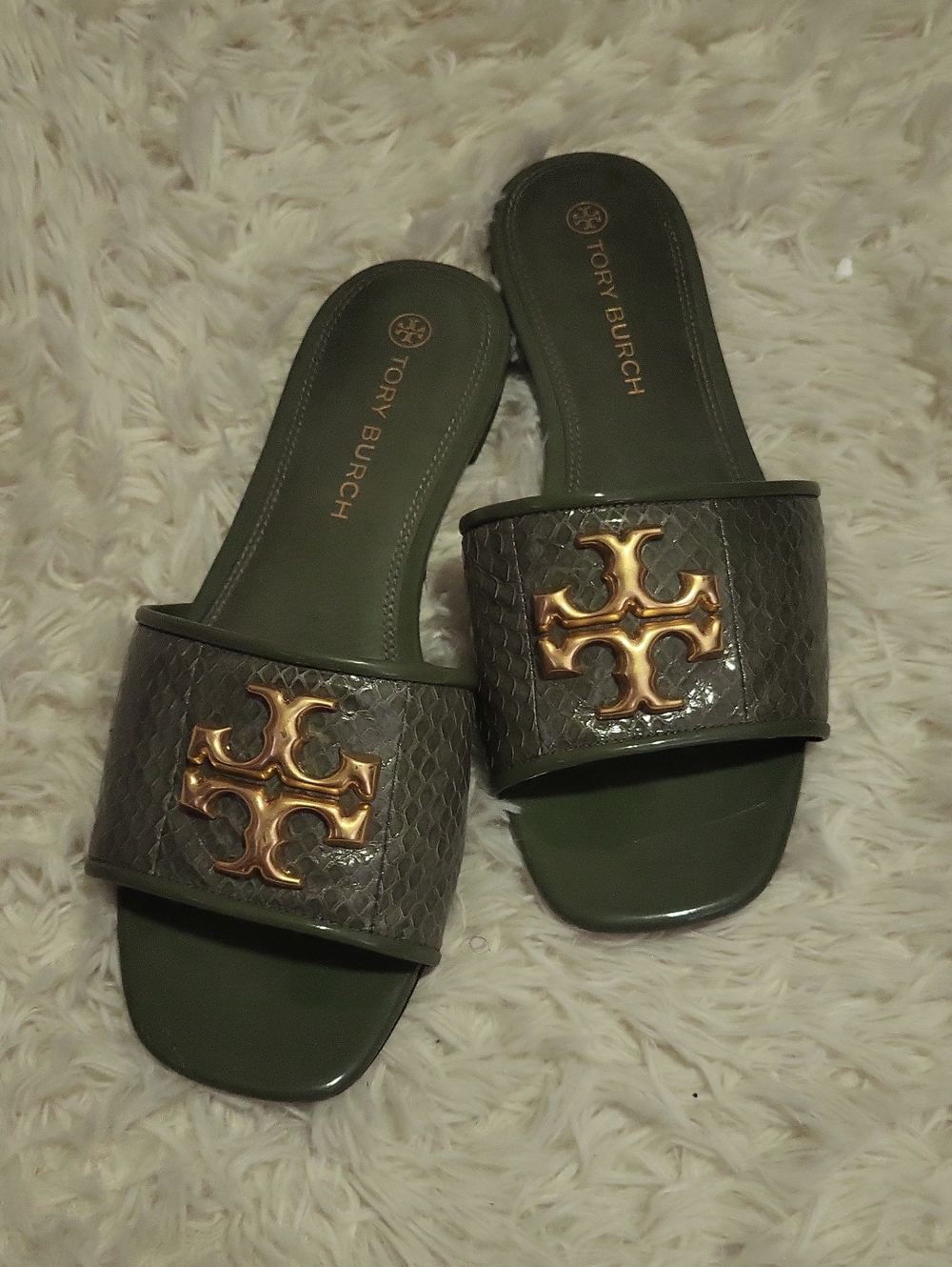 Tory Burch Olive Green Slide Mules with Gold Logo Emblem